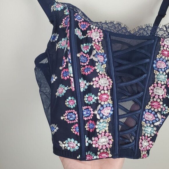 Victoria's Secret Dream Angels Corset Bra M DD Navy Blue Floral Victorian Sexy - Picture 5 of 6